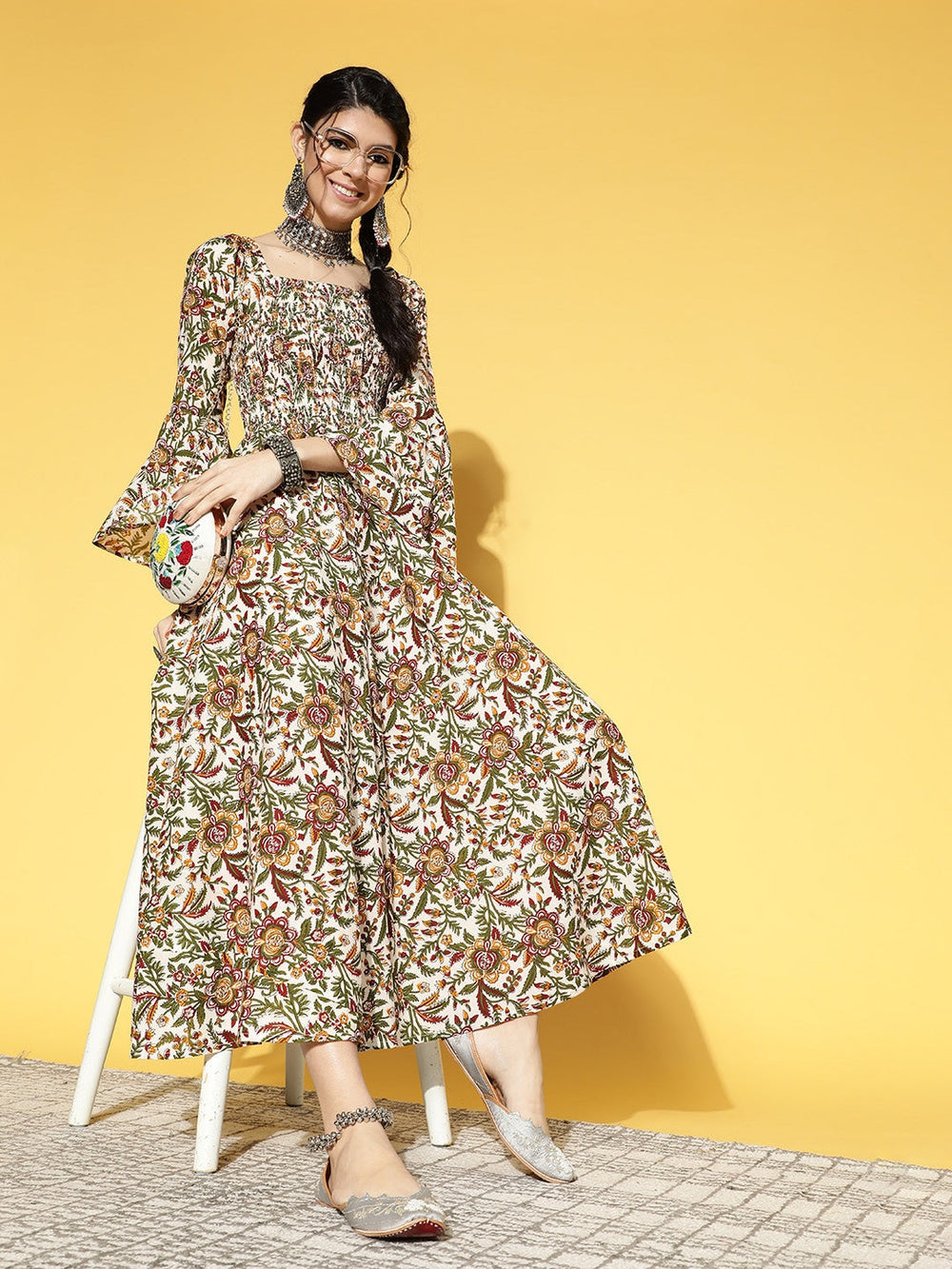 White & Orange Floral Printed Dress-Yufta Store-9572DRSWHS