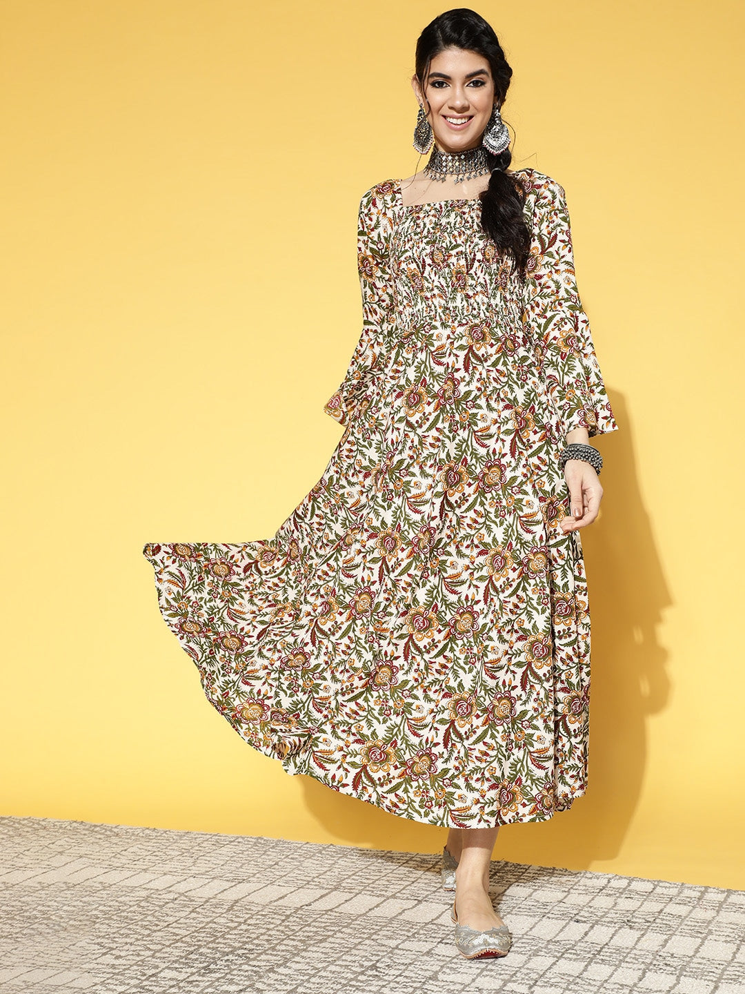 White & Orange Floral Printed Dress-Yufta Store-9572DRSWHS