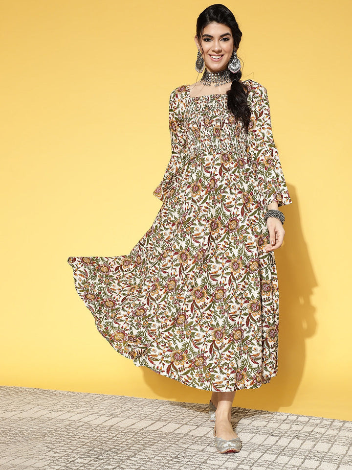 White & Orange Floral Printed Dress-Yufta Store-9572DRSWHS