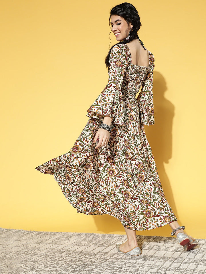 White & Orange Floral Printed Dress-Yufta Store-9572DRSWHS