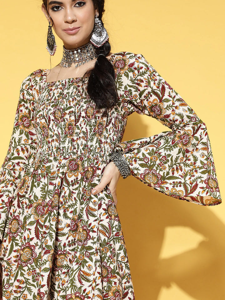 White & Orange Floral Printed Dress-Yufta Store-9572DRSWHS