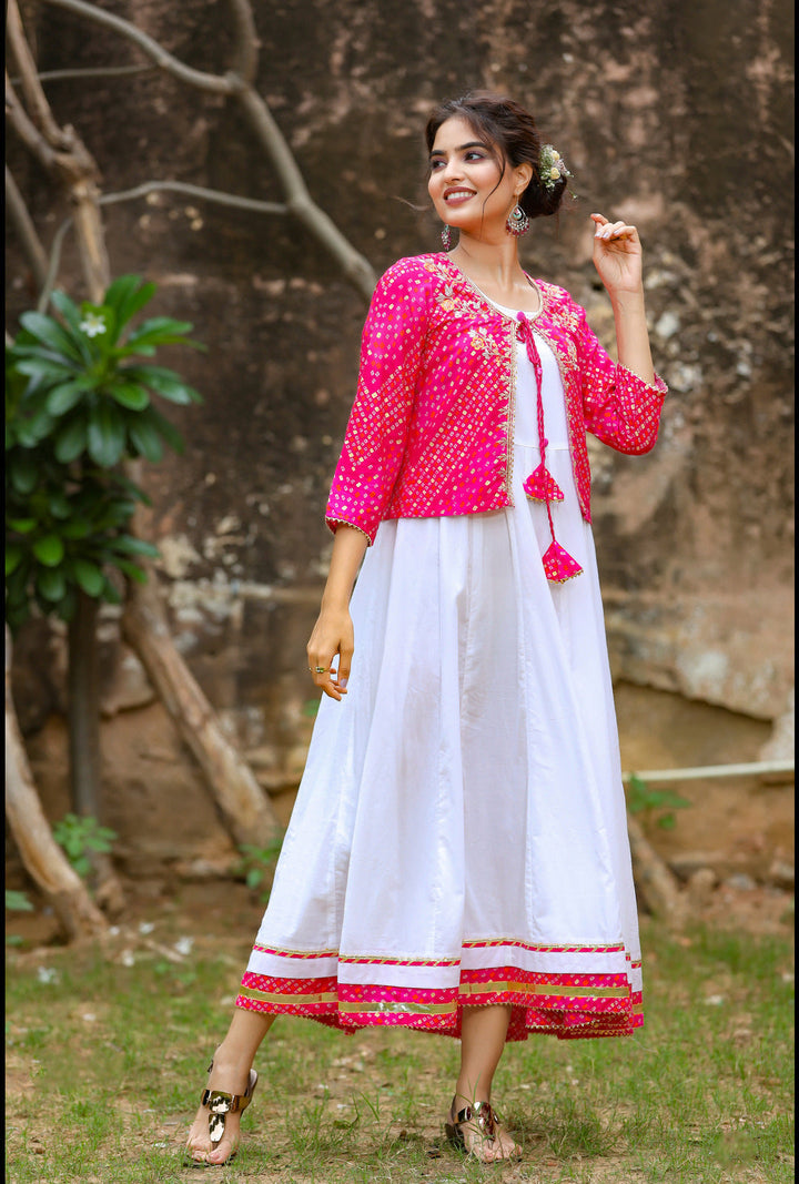 White & Pink Dress With Jacket-Yufta Store-3102DRSPKM