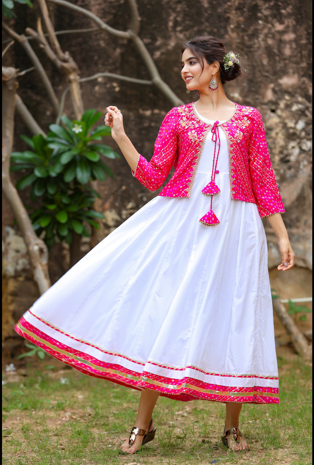 White & Pink Dress With Jacket-Yufta Store-3102DRSPKM