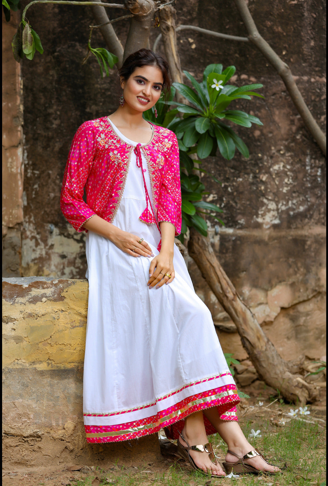 White & Pink Dress With Jacket-Yufta Store-3102DRSPKM