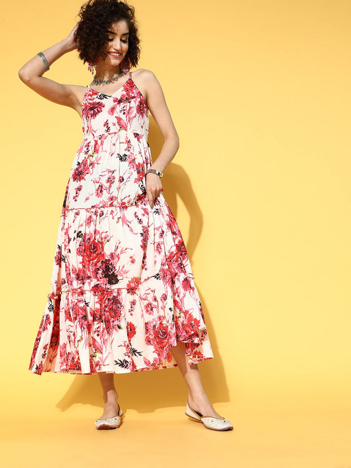 White & Pink Floral Printed Dress-Yufta Store-9516DRSWHS