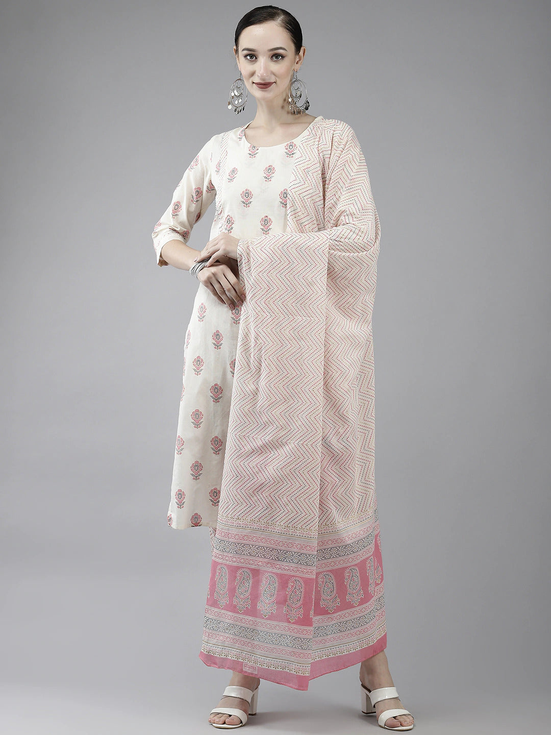 White Printed Cotton Dupatta Set-Yufta Store-4775SKDWHM