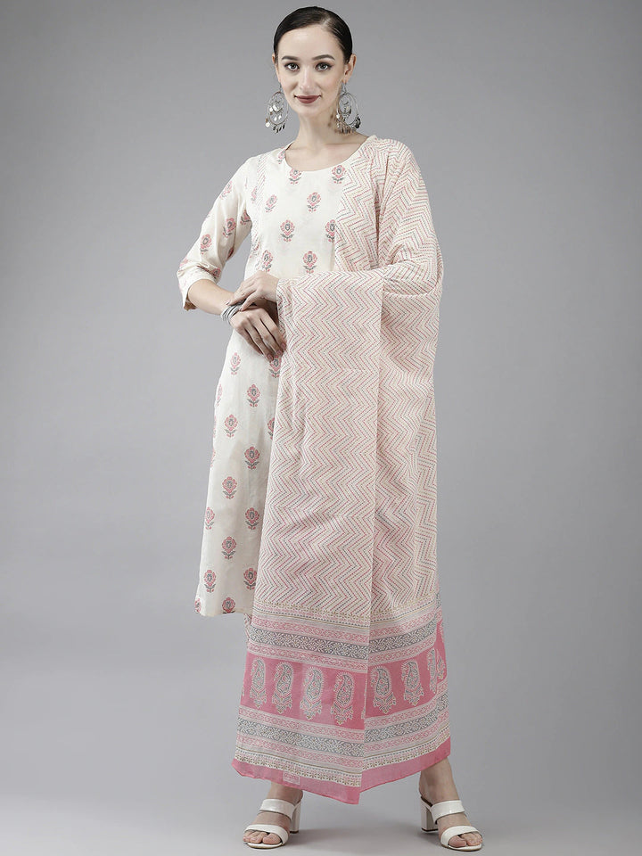 White Printed Cotton Dupatta Set-Yufta Store-4775SKDWHM