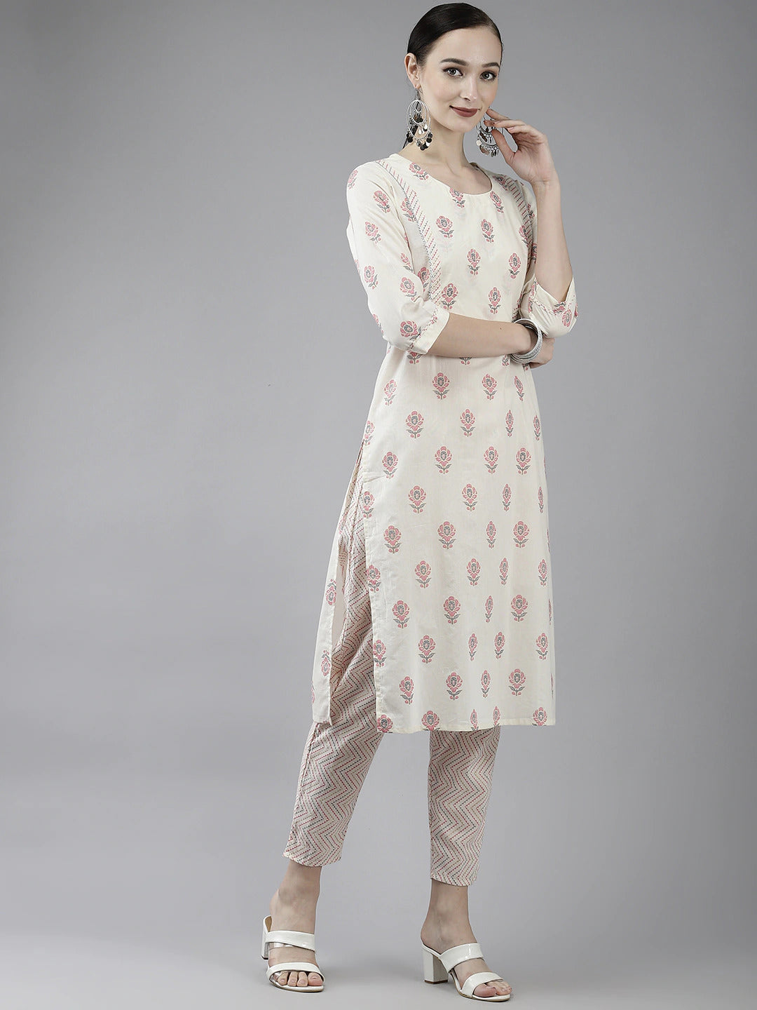 White Printed Cotton Dupatta Set-Yufta Store-4775SKDWHM