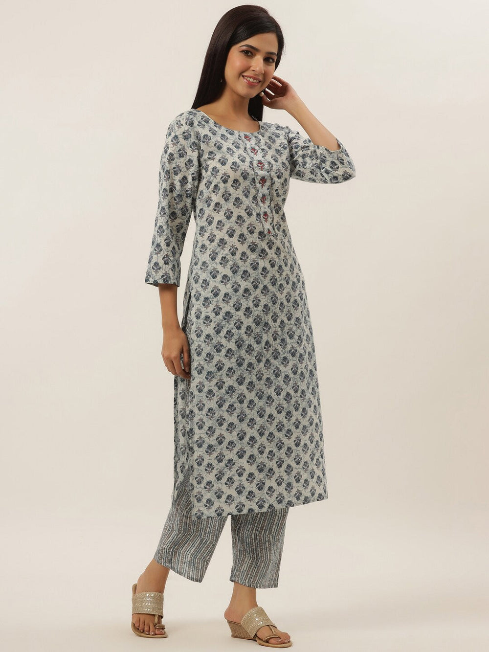 White Printed Cotton Kurta Set-Yufta Store-6203SETWHS