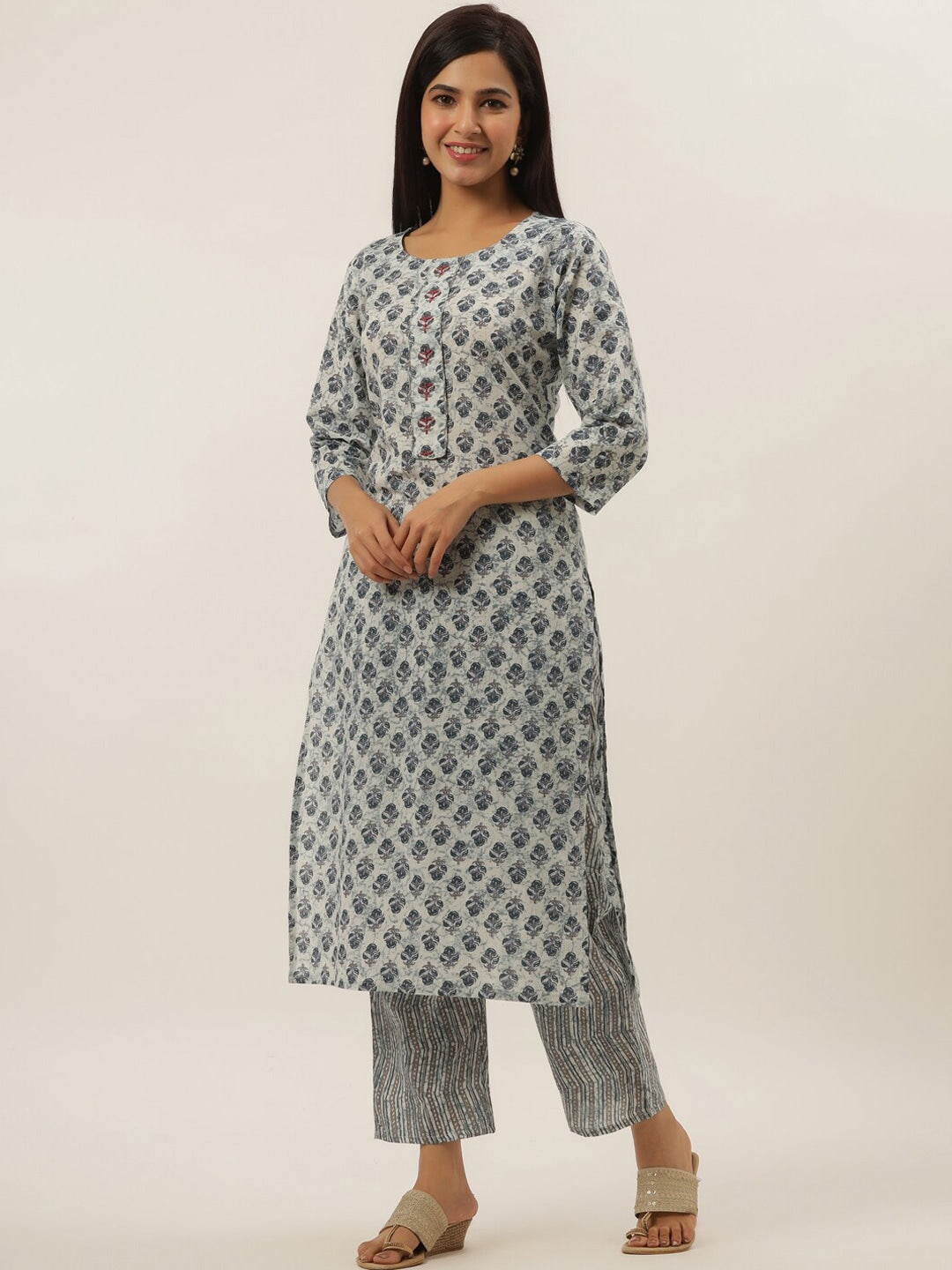 White Printed Cotton Kurta Set-Yufta Store-6203SETWHS