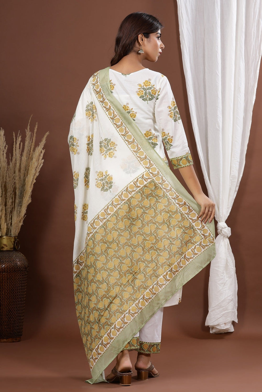 White Printed Dupatta Set-Yufta Store-7816SKDWHS