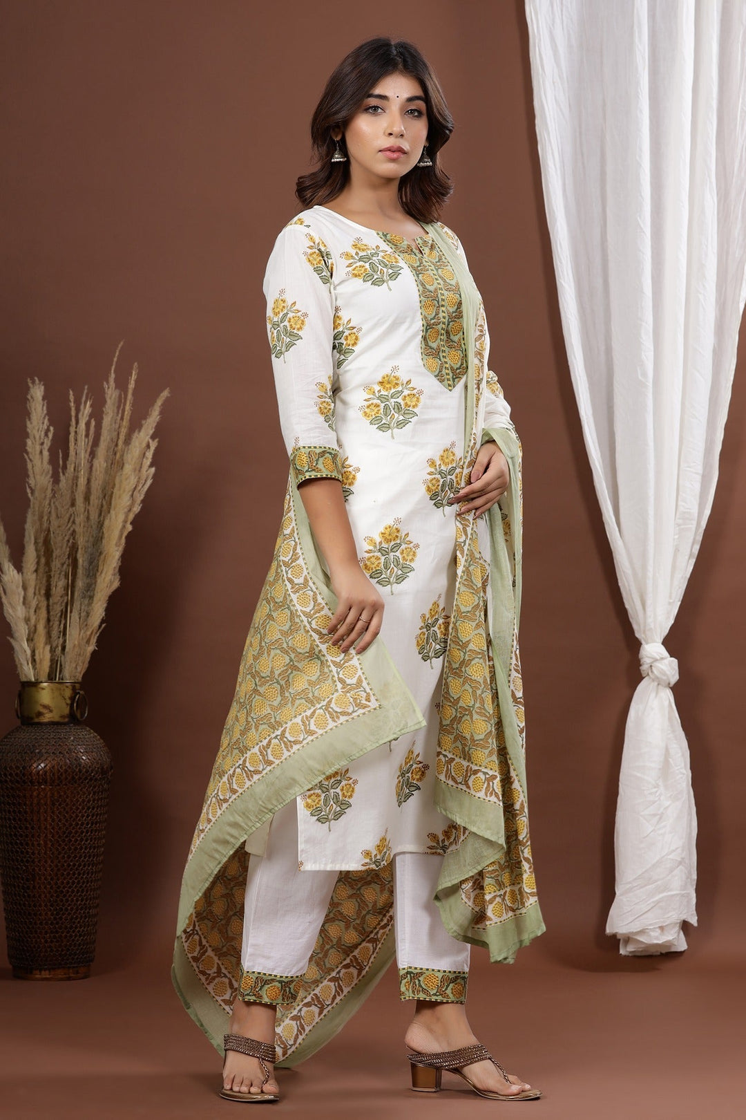 White Printed Dupatta Set-Yufta Store-7816SKDWHS