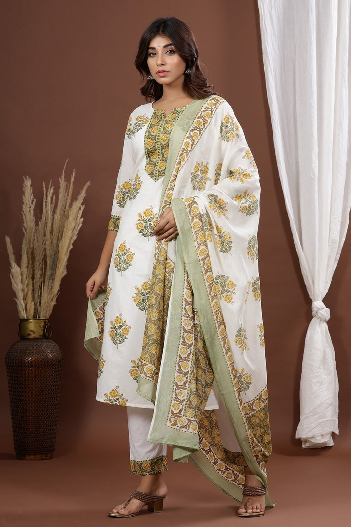 White Printed Dupatta Set-Yufta Store-7816SKDWHS