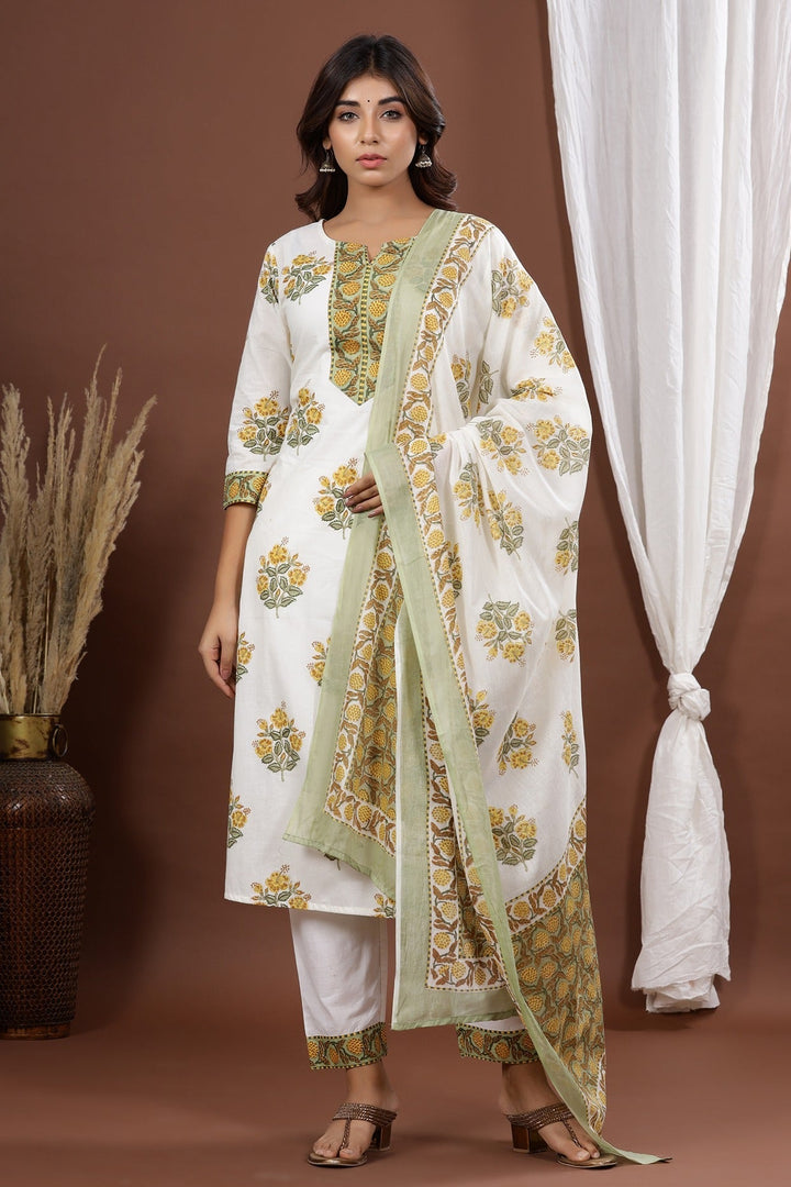 White Printed Dupatta Set-Yufta Store-7816SKDWHS