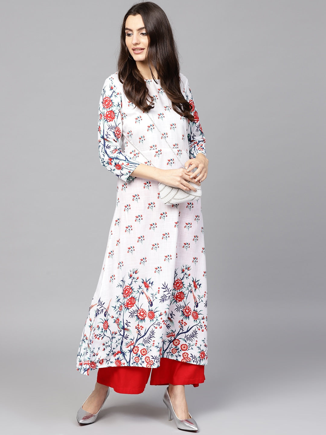 White & Red A-Line Kurta-Yufta Store-YFNKU1731S