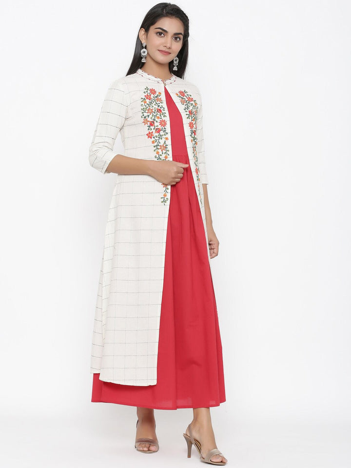 White & Red Embroidered Kurta-Yufta Store-5130KURMRS