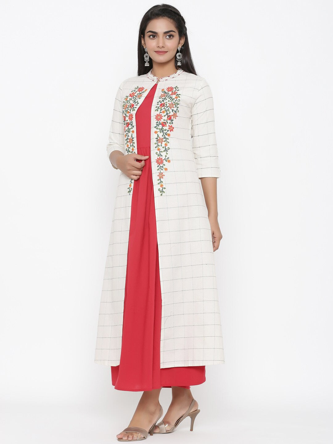 White & Red Embroidered Kurta-Yufta Store-5130KURMRS