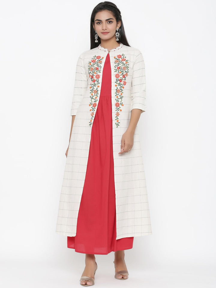 White & Red Embroidered Kurta-Yufta Store-5130KURMRS