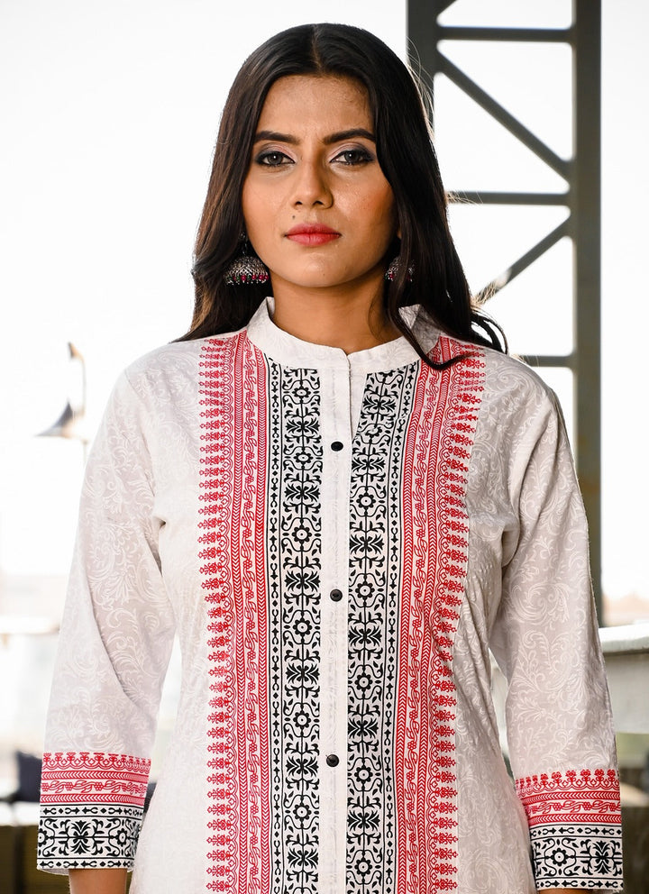 White & Red Straight Kurta Set-Yufta Store-7679SETWHS