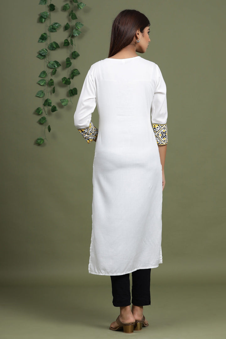 White Solid Printed Kurta-Yufta Store-8039KURWHS