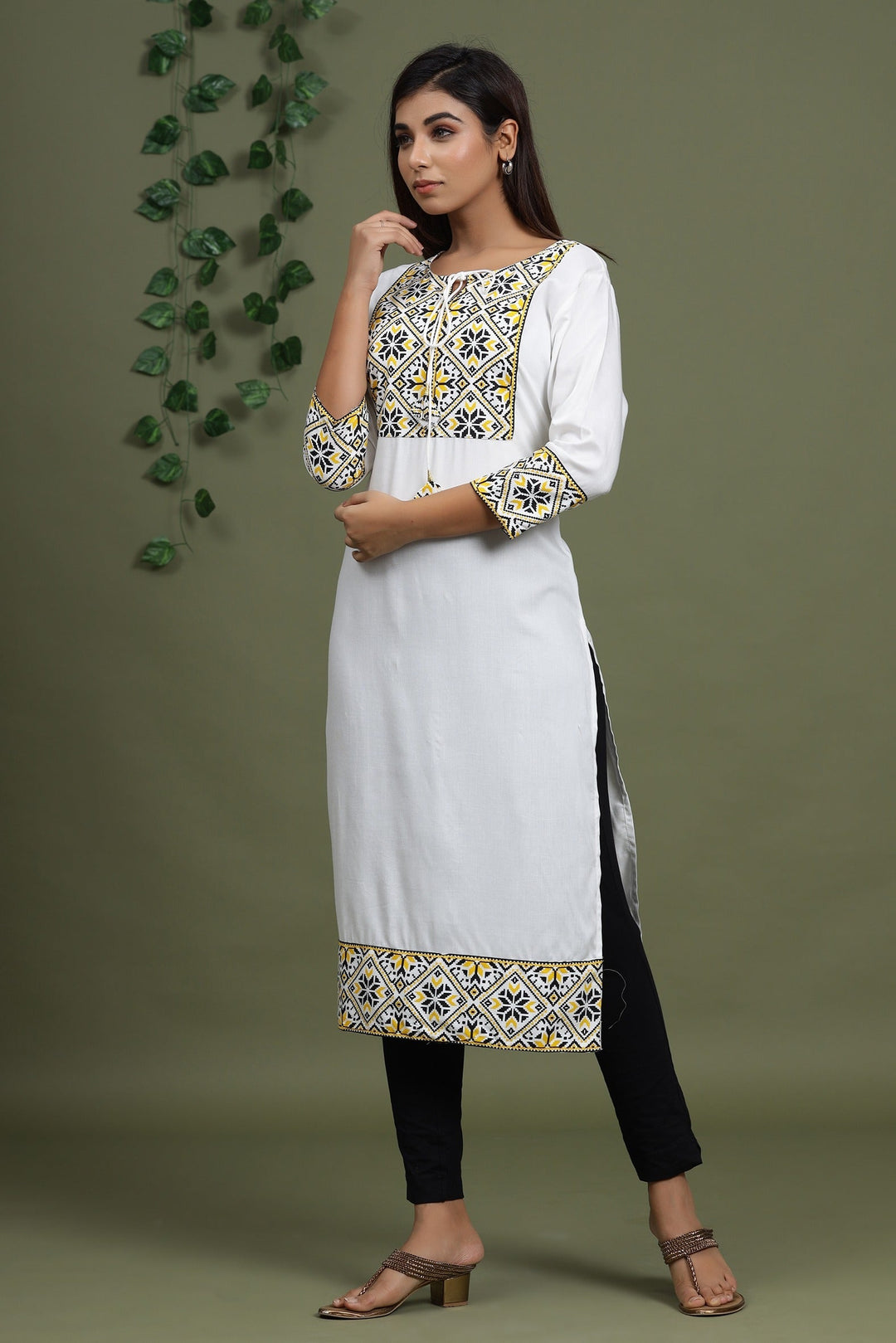 White Solid Printed Kurta-Yufta Store-8039KURWHS