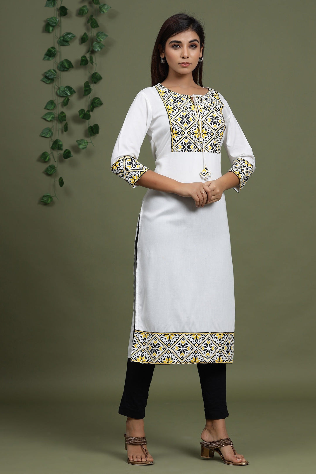 White Solid Printed Kurta-Yufta Store-8039KURWHS