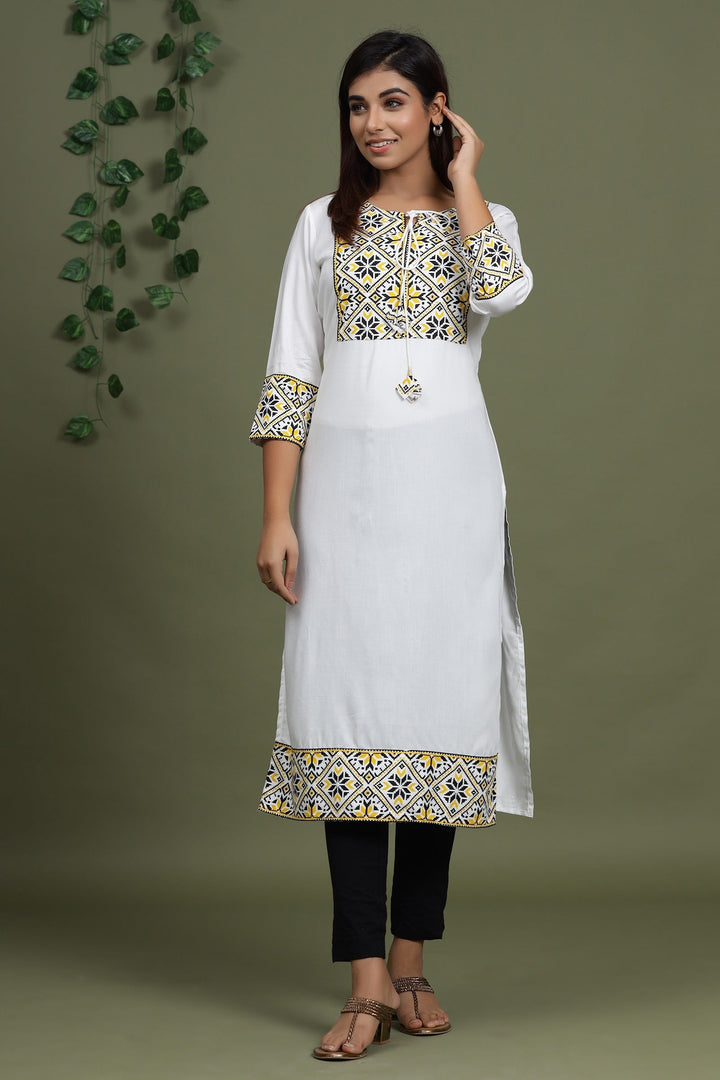 White Solid Printed Kurta-Yufta Store-8039KURWHS