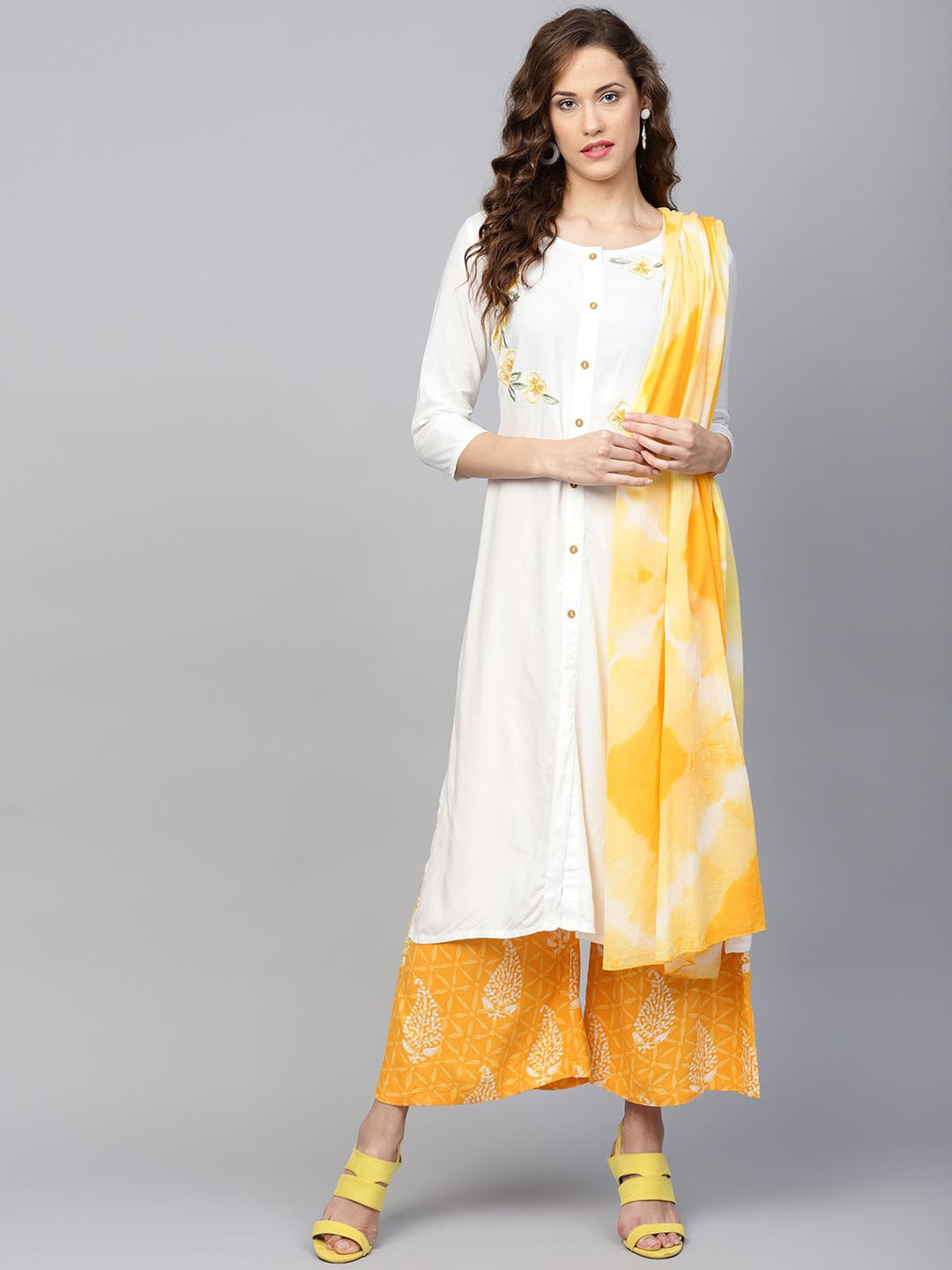 White & Yellow Embroidered Dupatta Set-Yufta Store-YFPSET1719S