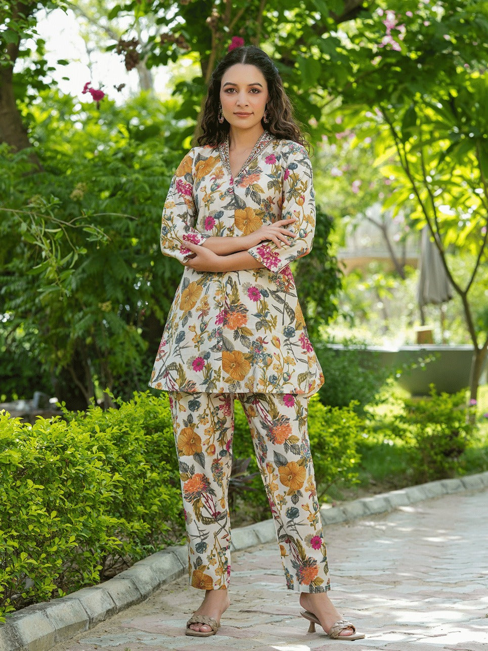 White & Yellow Printed Shirt With Straight Trouser Co-Ords-Yufta Store-1478CRDWHS