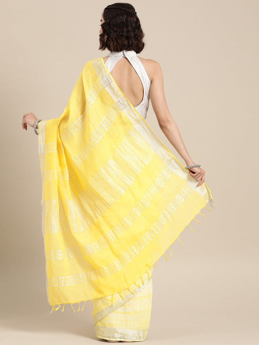 White & Yellow Tie-Dye Zari Saree-Yufta Store-6025SARYL