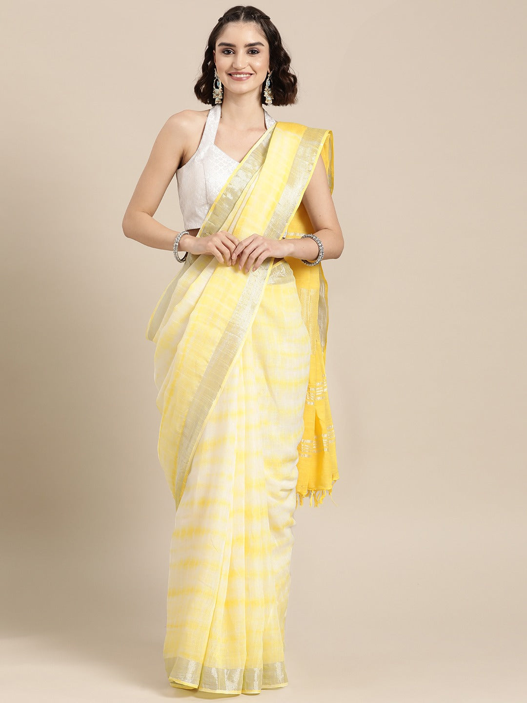 White & Yellow Tie-Dye Zari Saree-Yufta Store-6025SARYL