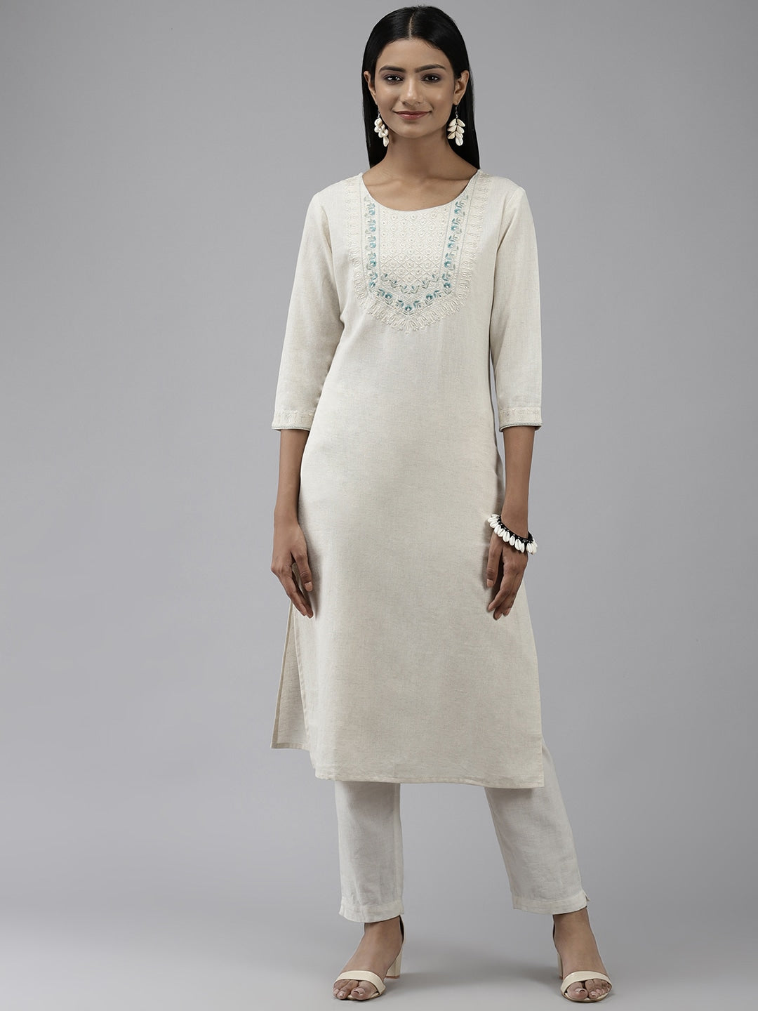 White Yoke Design Kurta-Yufta Store-9589KURWHS