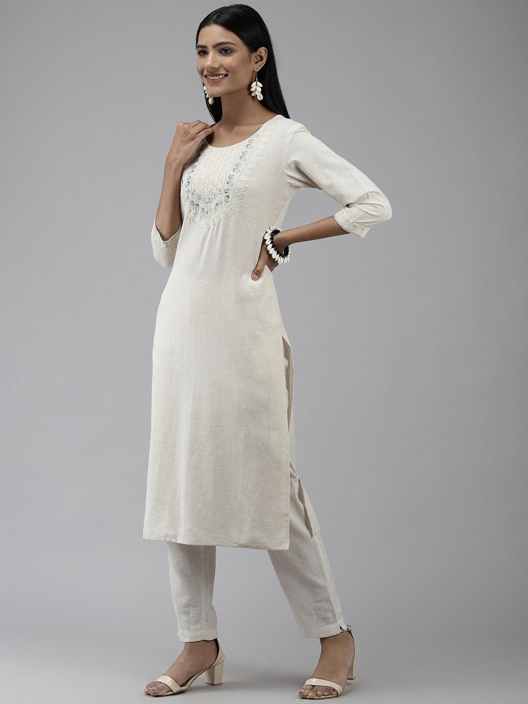 White Yoke Design Kurta-Yufta Store-9589KURWHS