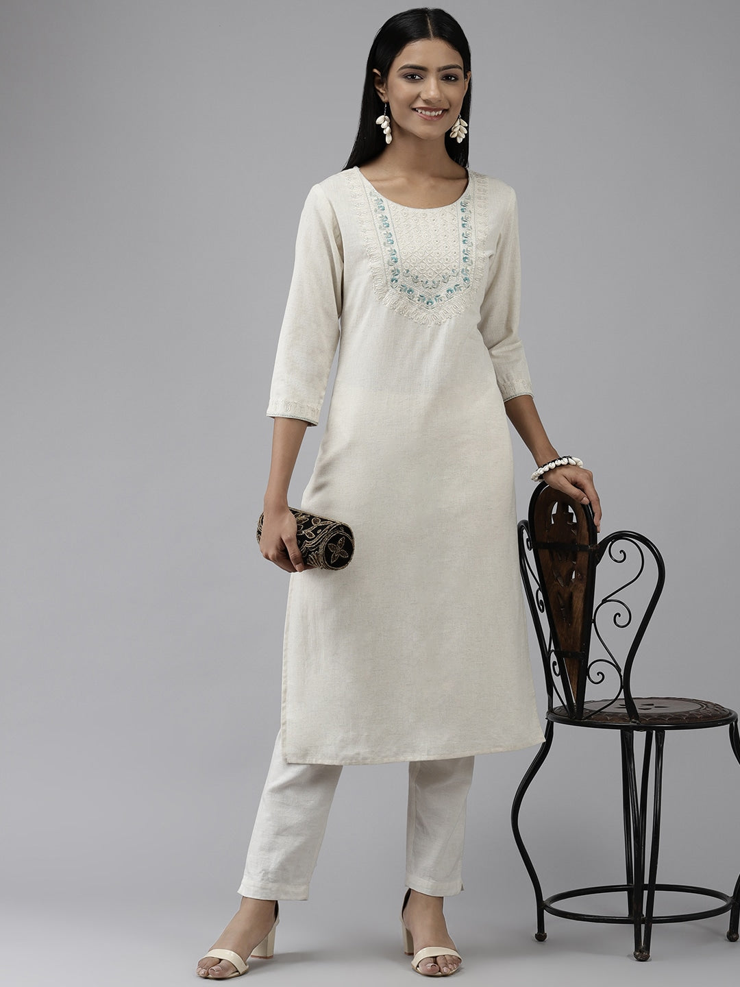 White Yoke Design Kurta-Yufta Store-9589KURWHS