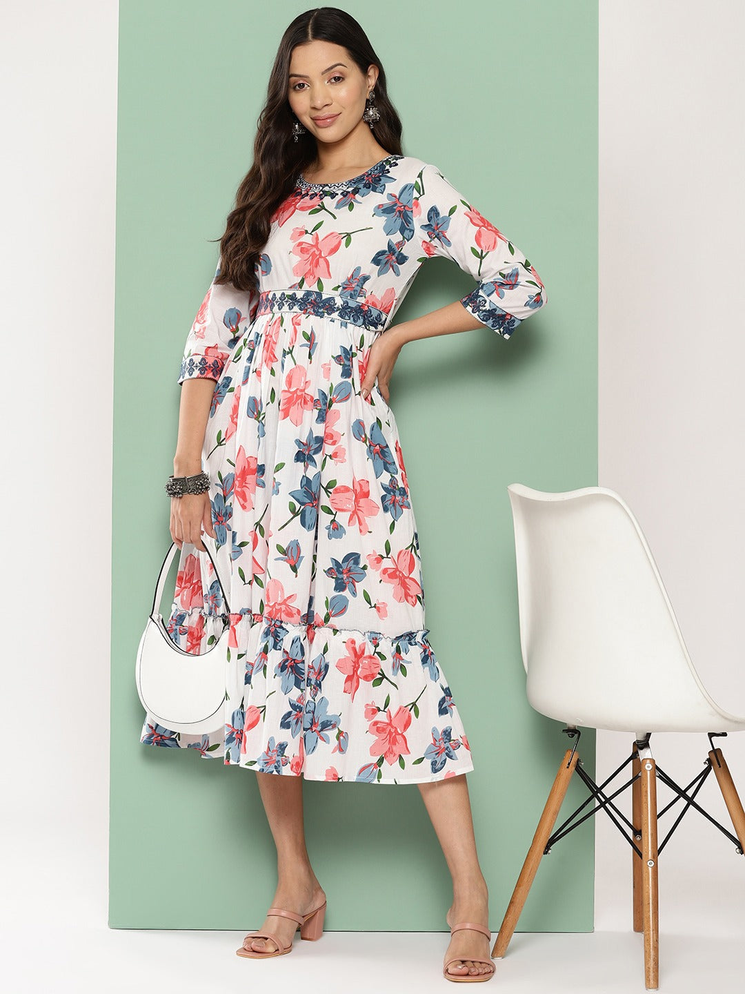White and Blue Embroidered A-Line Midi Pure Cotton Ethnic Dress With Belt