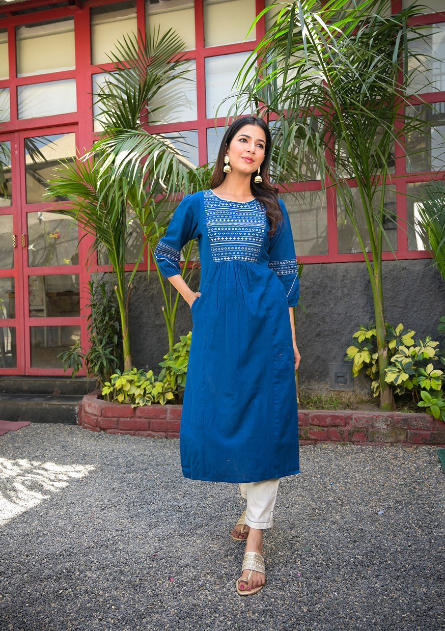 White and Blue Embroidered Kurta Set-Yufta Store-7723SETBLS