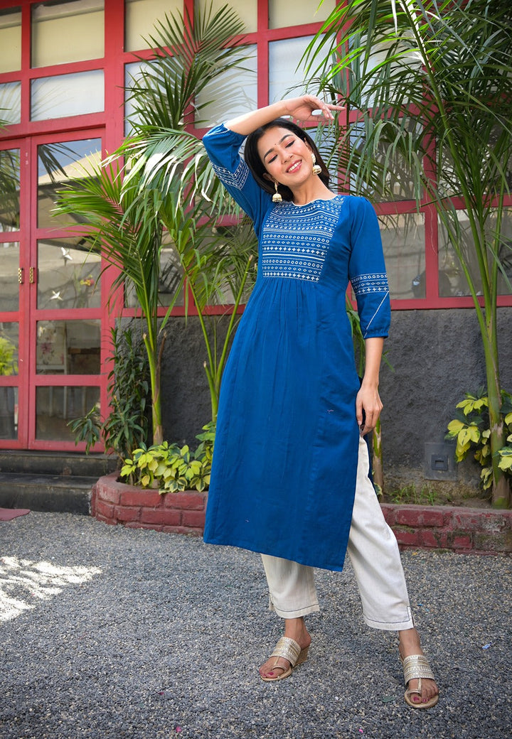 White and Blue Embroidered Kurta Set-Yufta Store-7723SETBLS