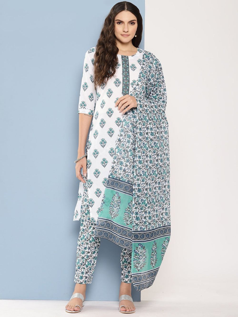 White and blue printed Kurta with Trousers with dupatta Set-Yufta Store-1364SKDWHS