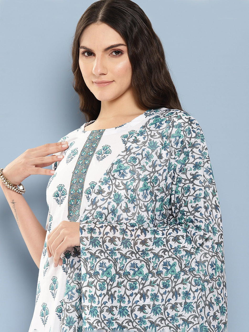 White and blue printed Kurta with Trousers with dupatta Set-Yufta Store-1364SKDWHS