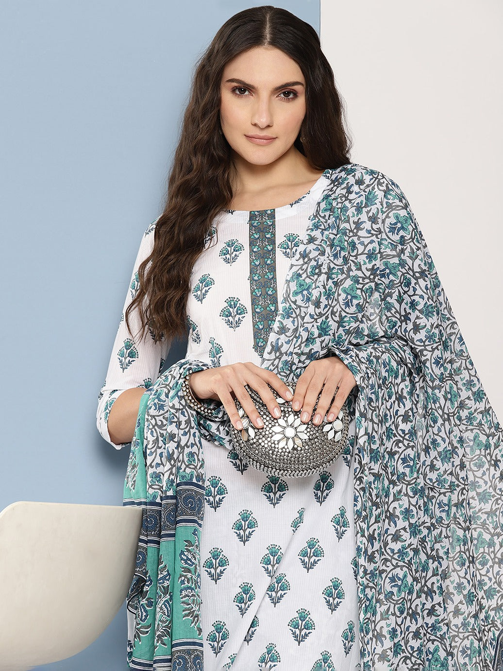 White and blue printed Kurta with Trousers with dupatta Set-Yufta Store-1364SKDWHS