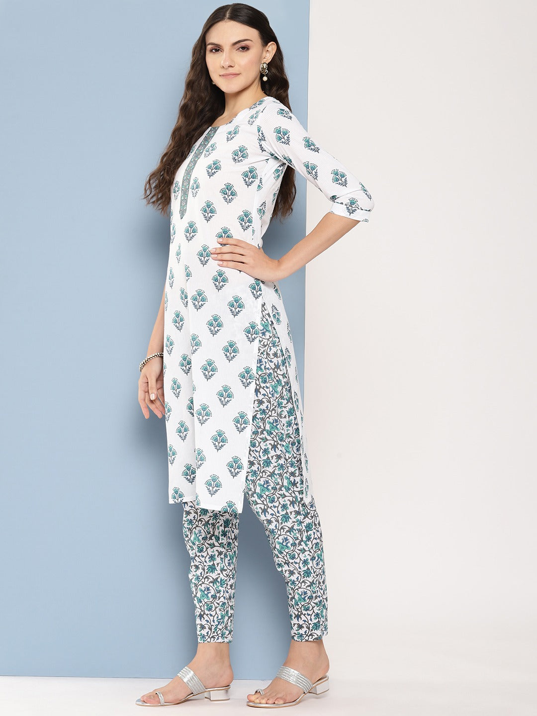 White and blue printed Kurta with Trousers with dupatta Set-Yufta Store-1364SKDWHS