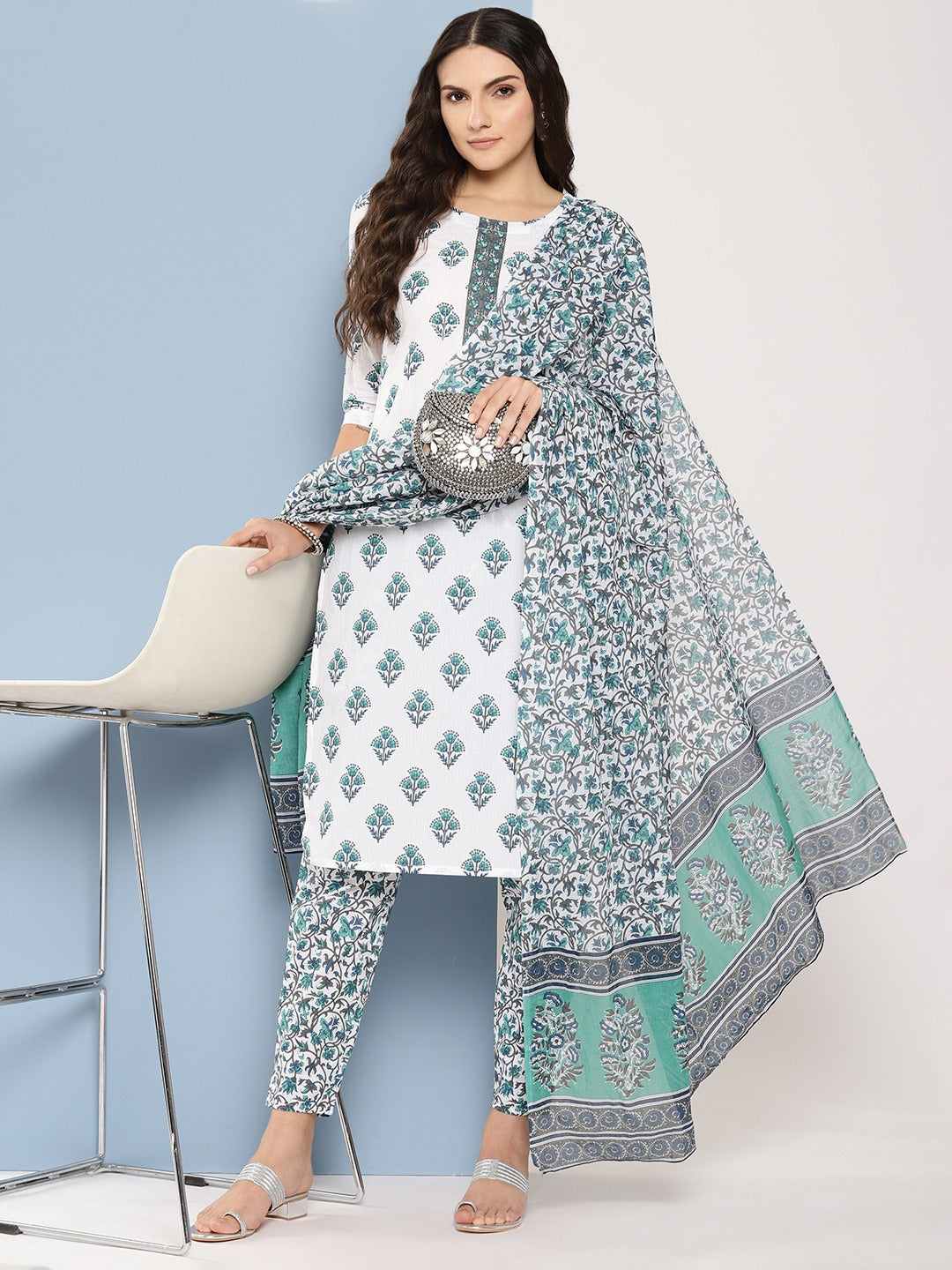 White and blue printed Kurta with Trousers with dupatta Set-Yufta Store-1364SKDWHS