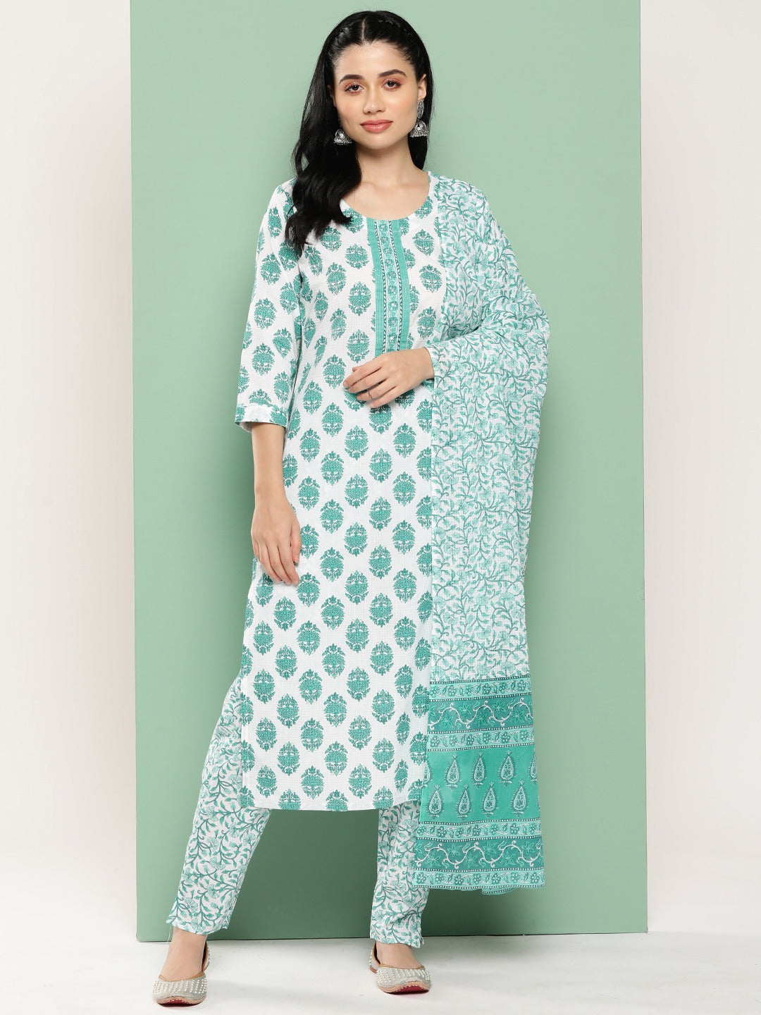 Women Floral Regular Pure Cotton Kurta with Trousers & Dupatta-Yufta Store-1365SKDWHS