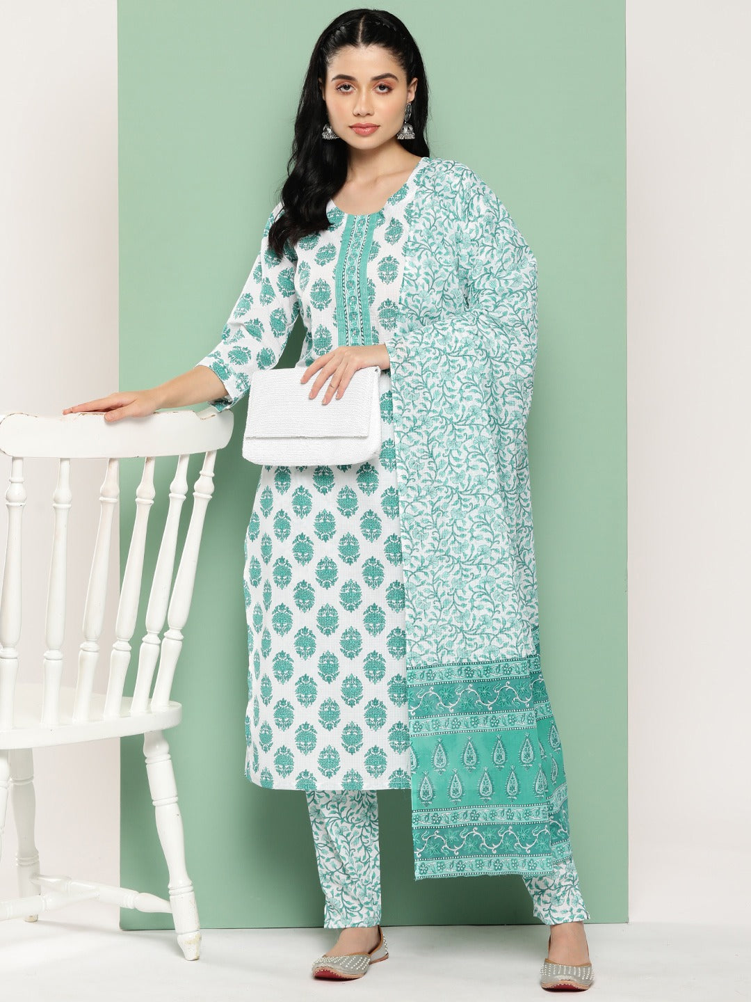 Women Floral Regular Pure Cotton Kurta with Trousers & Dupatta-Yufta Store-1365SKDWHS