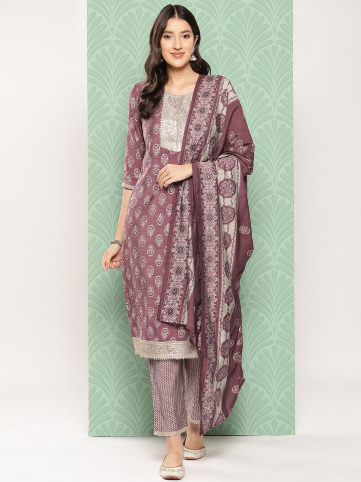 Women Floral Yoke Design Regular Chanderi Silk Kurta with Trousers & Dupatta-Yufta Store-1530SKDPRS