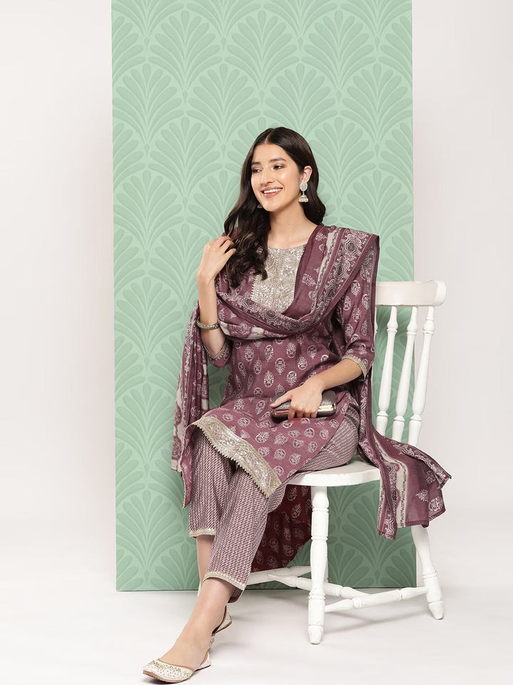 Women Floral Yoke Design Regular Chanderi Silk Kurta with Trousers & Dupatta-Yufta Store-1530SKDPRS