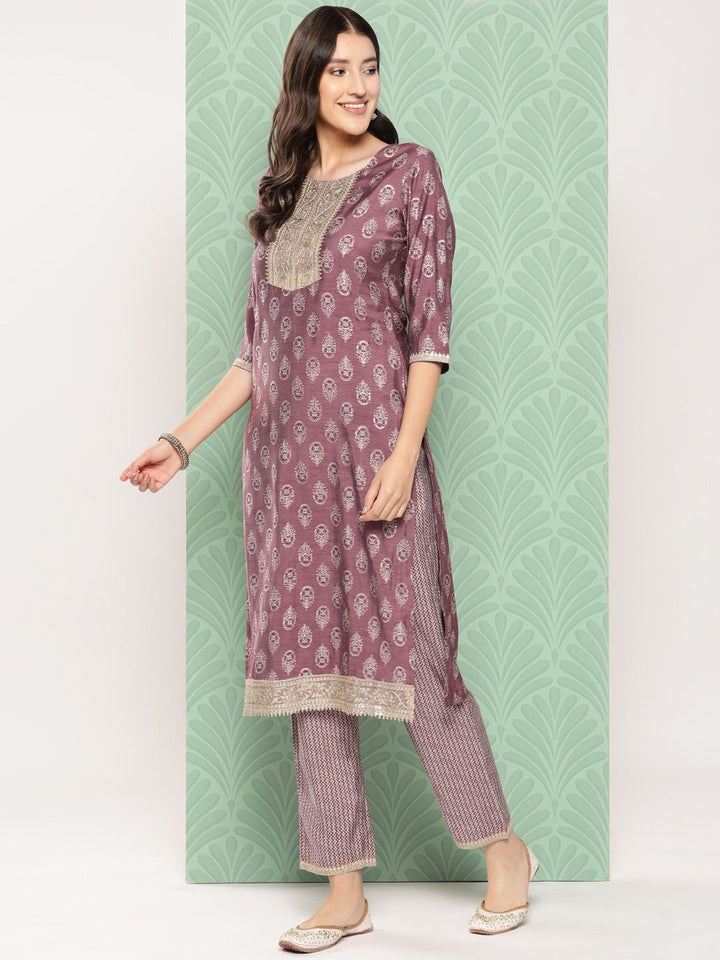 Women Floral Yoke Design Regular Chanderi Silk Kurta with Trousers & Dupatta-Yufta Store-1530SKDPRS