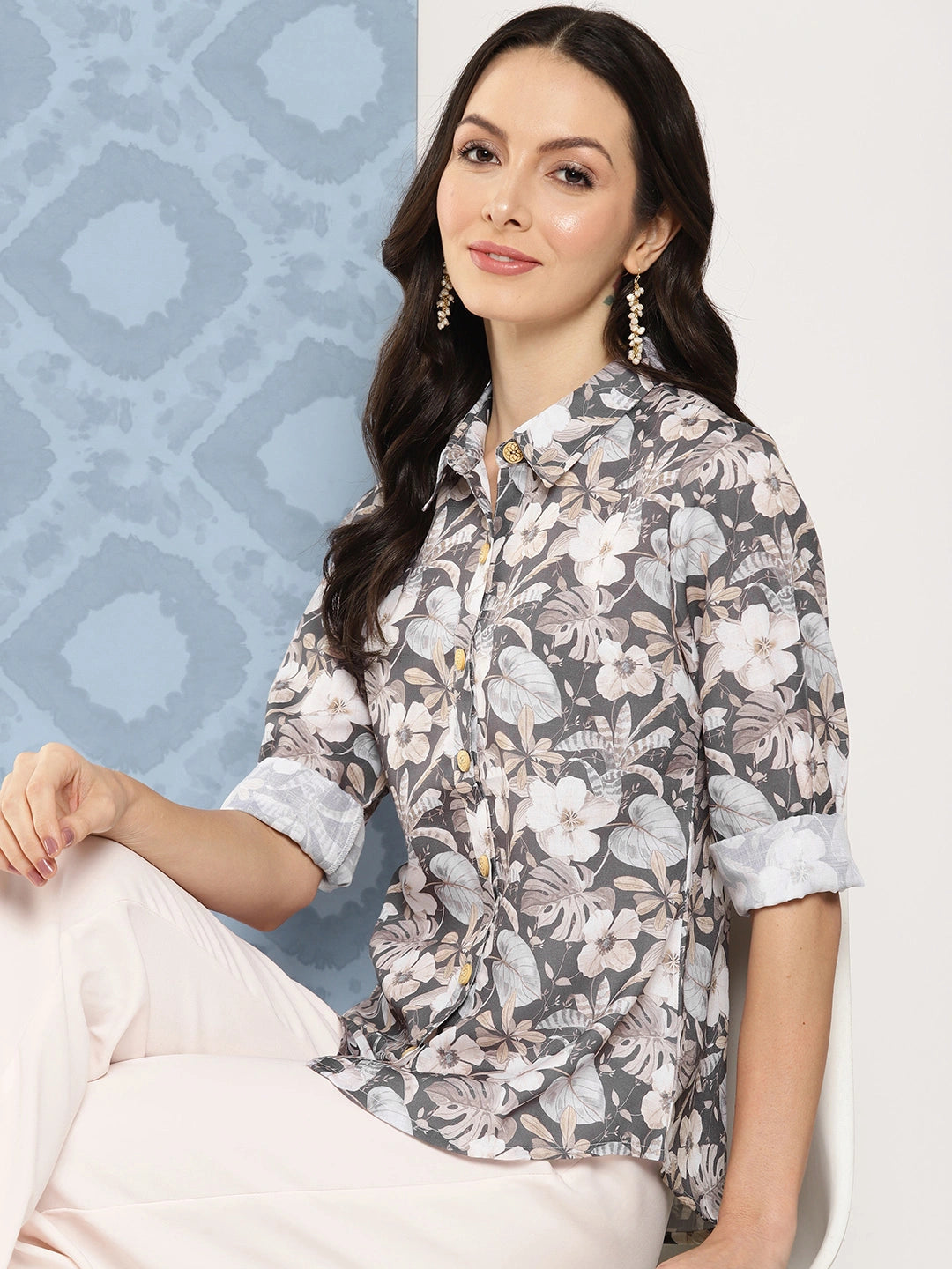 Women Grey Floral Opaque Printed Casual Shirt-Yufta Store-1417TOPGYS