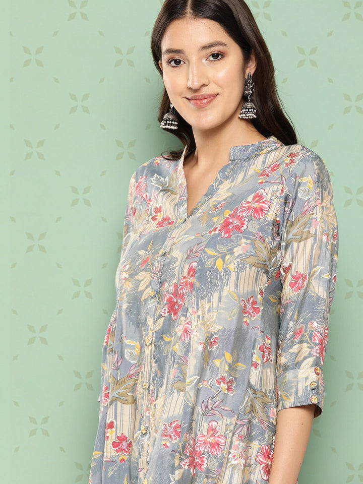 Women Grey Printed Mandarin Top with Trousers-Yufta Store-1589CRDBLS