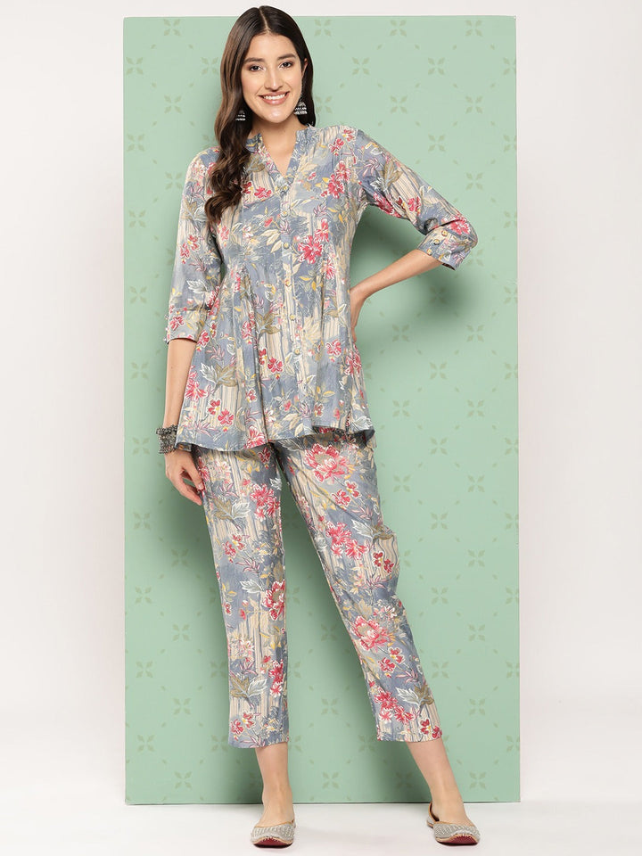 Women Grey Printed Mandarin Top with Trousers-Yufta Store-1589CRDBLS